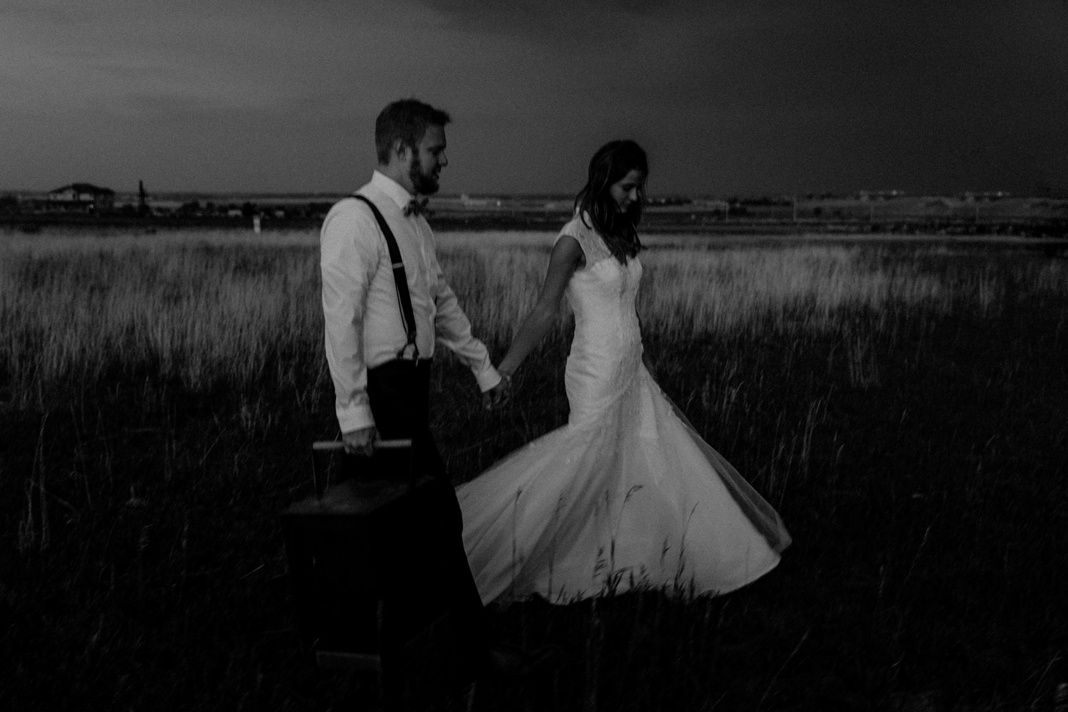 Swiss destination wedding photographer Colorado Denver Vintage Wedding bridal couple session sunset black and white