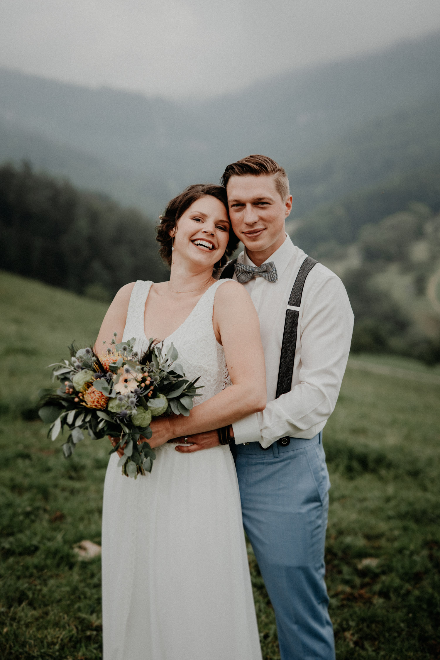 Vintage Industrial Bohemian Wedding in Switzerland wedding photographer elopement photographer getting ready bridal couple shooting swiss mountains