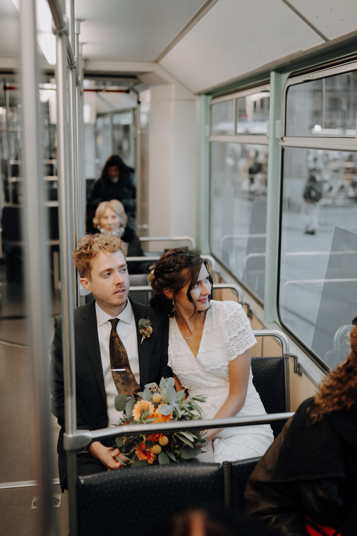 Bride and Groom in Tram in Switzerland